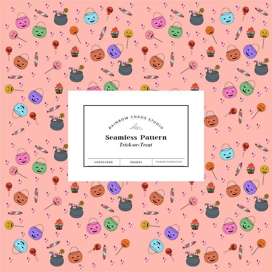 Halloween Seamless Pattern: Trick-or-Treat Digital Paper (PNG 12x12" ) Rainbow Chaos Art Studio