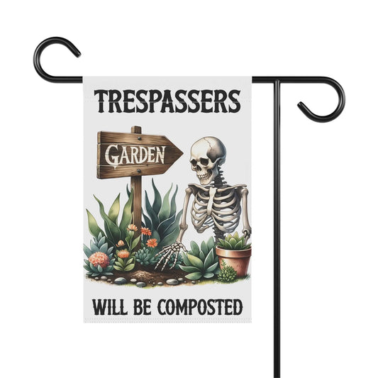 Funny Garden Banner: Trespassers Will Be Composted - Humorous Garden Decor Rainbow Chaos Art Studio