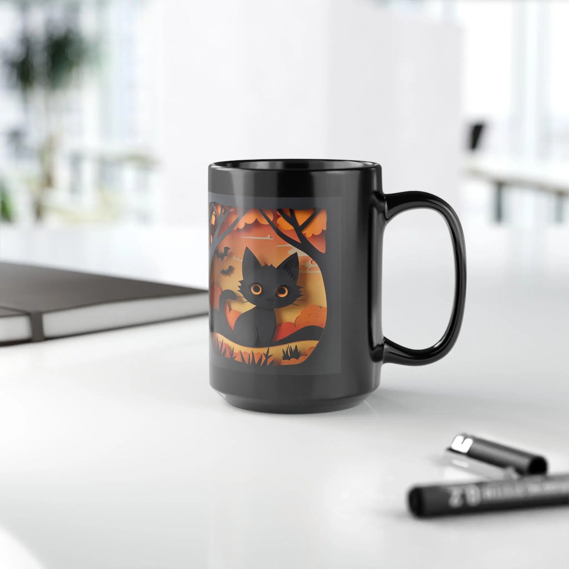 Halloween Cat Mug: Spooky Black Cat Coffee Cup, Fall Decor Rainbow Chaos Art Studio