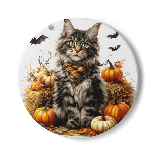 Maine Coon Cat - Autumn Cat Ceramic Coaster, Cute Halloween Decor, Pet Lover Gift, Coasters for Fall, Home & Kitchen Decoration Rainbow Chaos Art Studio