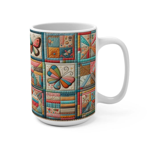 Butterfly Patchwork Mug: Colorful Quilted Ceramic Coffee Cup Rainbow Chaos Art Studio