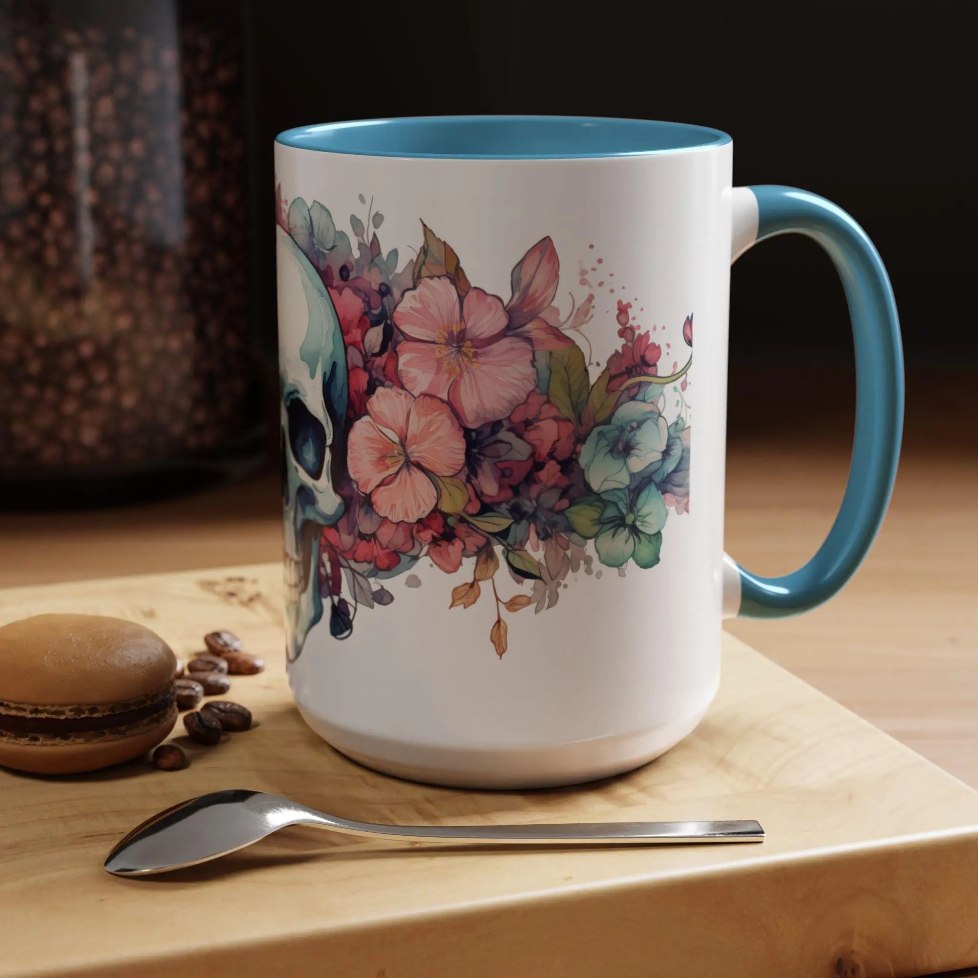 Floral Skull Coffee Mug | Unique Gift for Halloween, Day of the Dead, Skull Lovers, Artisan Coffee Drinkers Rainbow Chaos Art Studio