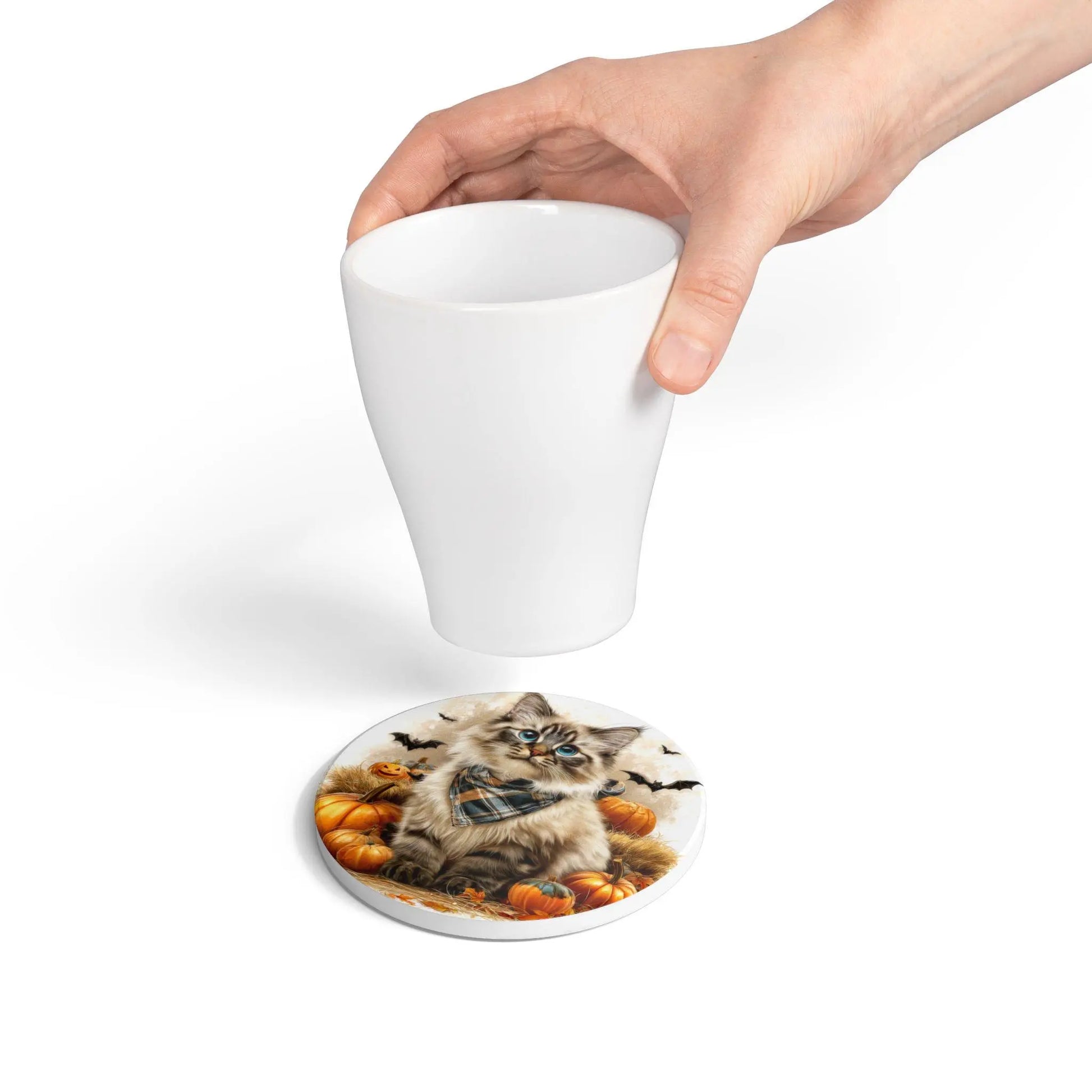 Siberian Cat *Cute Cat Halloween Ceramic Coaster* - Fall Decor, Gift for Cat Lovers, Autumn Tableware, Seasonal Home Accessory Rainbow Chaos Art Studio