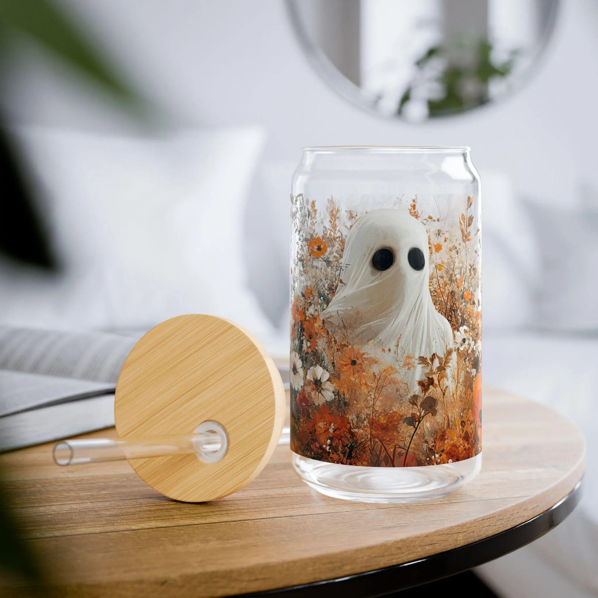 Autumn Ghost Sipper Glass with Straw: Fall Halloween Drinkware Rainbow Chaos Art Studio