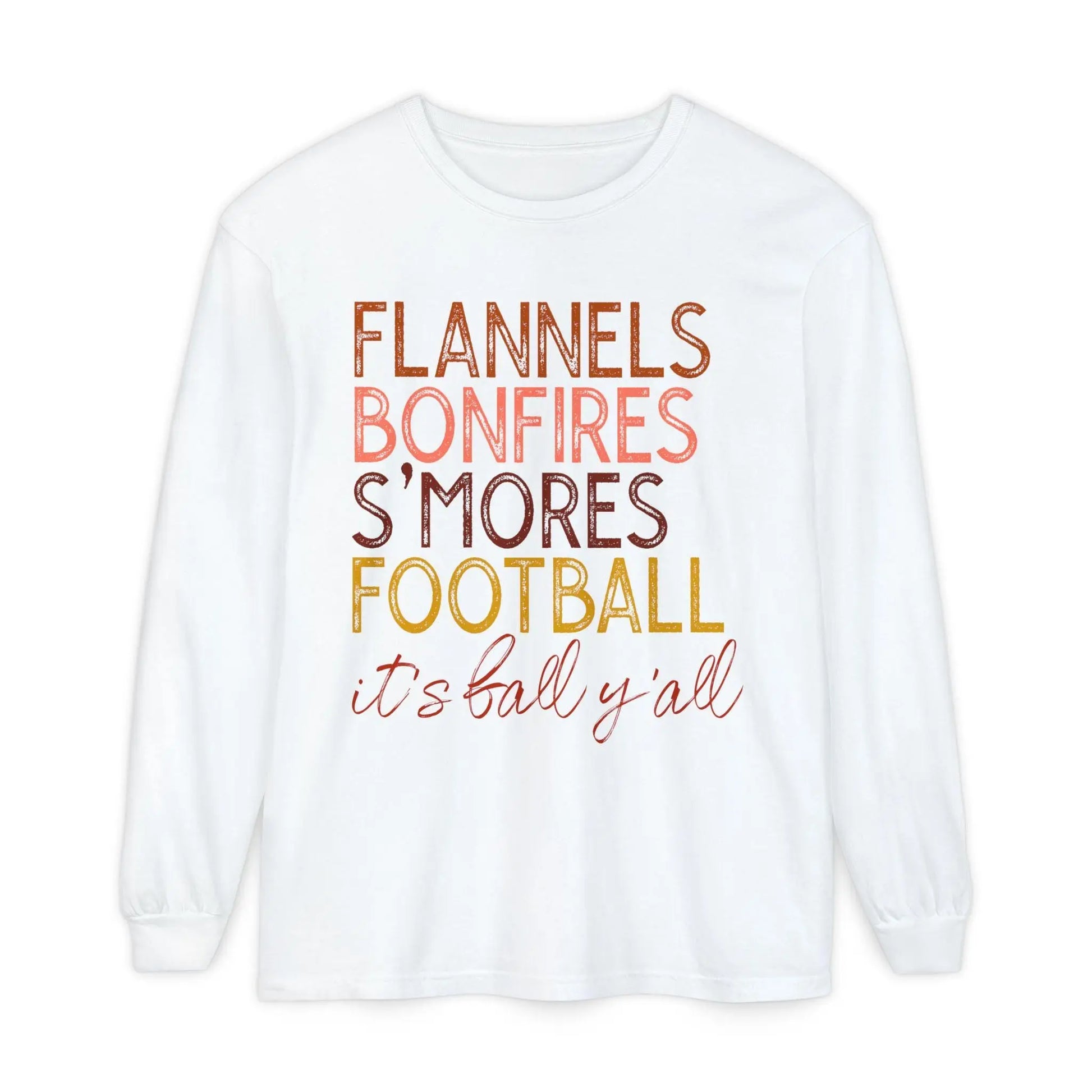 Flannels Bonfires S'mores Football Tee: Cozy Garment-Dyed Long Sleeve T-Shirt Rainbow Chaos Art Studio