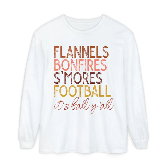 Flannels Bonfires S'mores Football Tee: Cozy Garment-Dyed Long Sleeve T-Shirt Rainbow Chaos Art Studio
