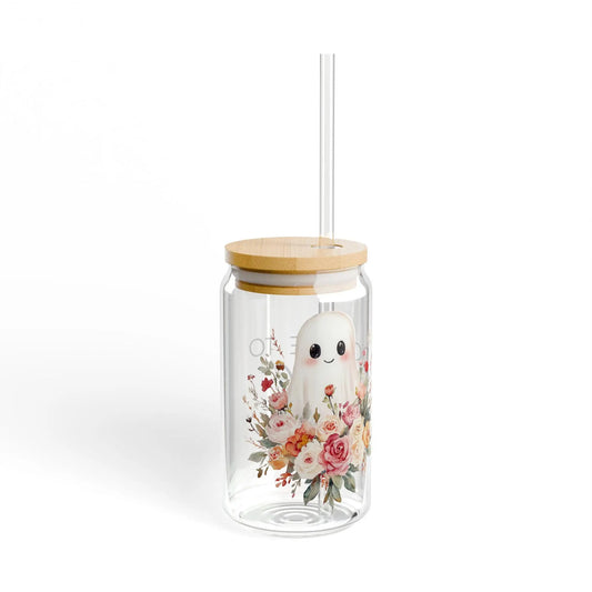 Charming Floral Ghost Sipper Glass, Cute Drinkware, Ideal for Gifts, Home Decor, Halloween or Everyday Use Rainbow Chaos Art Studio