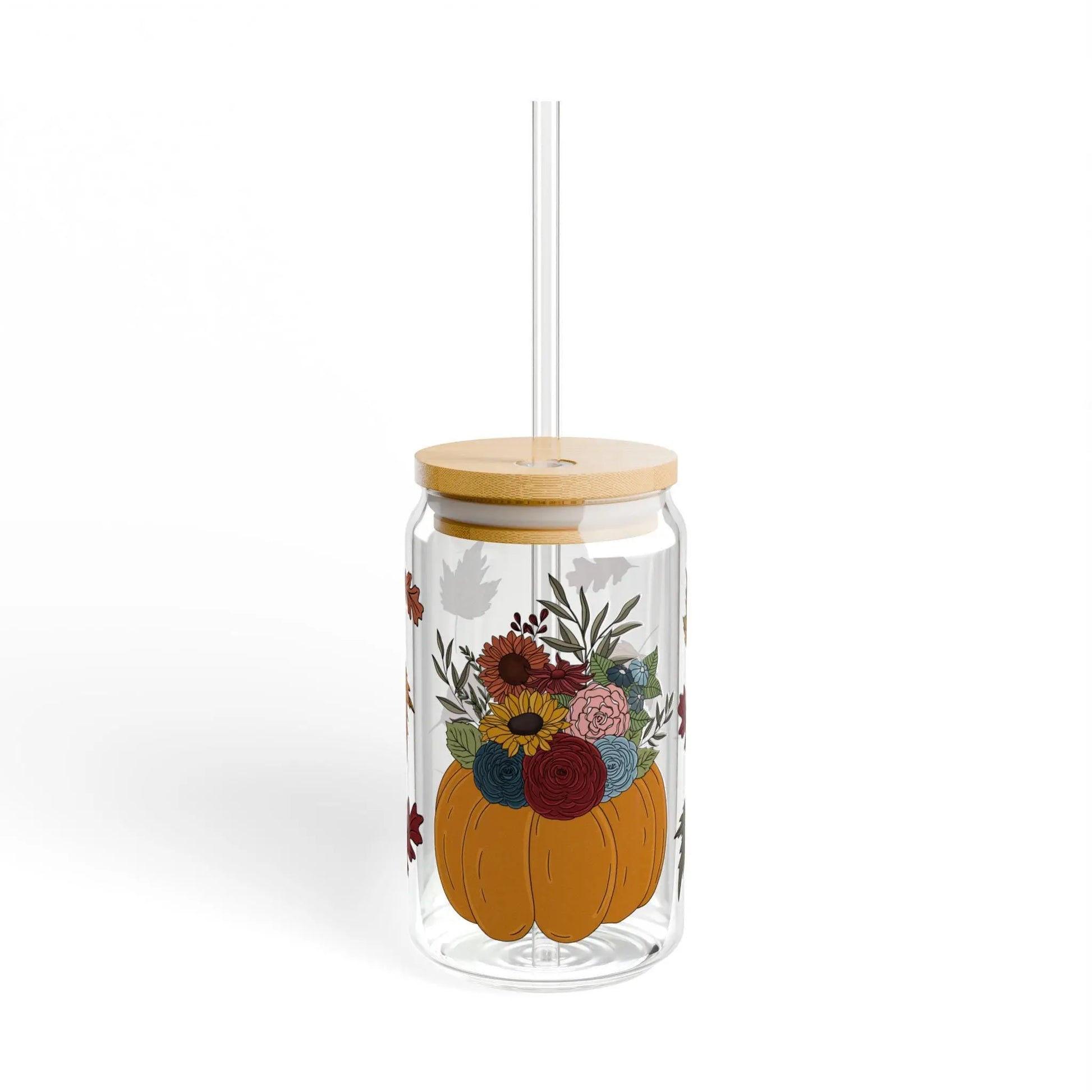 Fall Floral Sipper Glass: Pumpkin & Leaf Design with Bamboo Lid Rainbow Chaos Art Studio