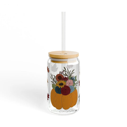 Fall Floral Sipper Glass: Pumpkin & Leaf Design with Bamboo Lid Rainbow Chaos Art Studio