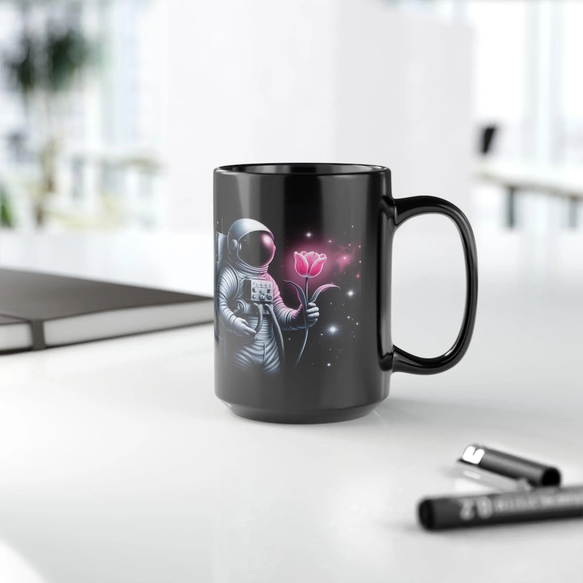 Astronaut Rose Black Mug: Space Coffee Cup, Cosmic Decor Rainbow Chaos Art Studio