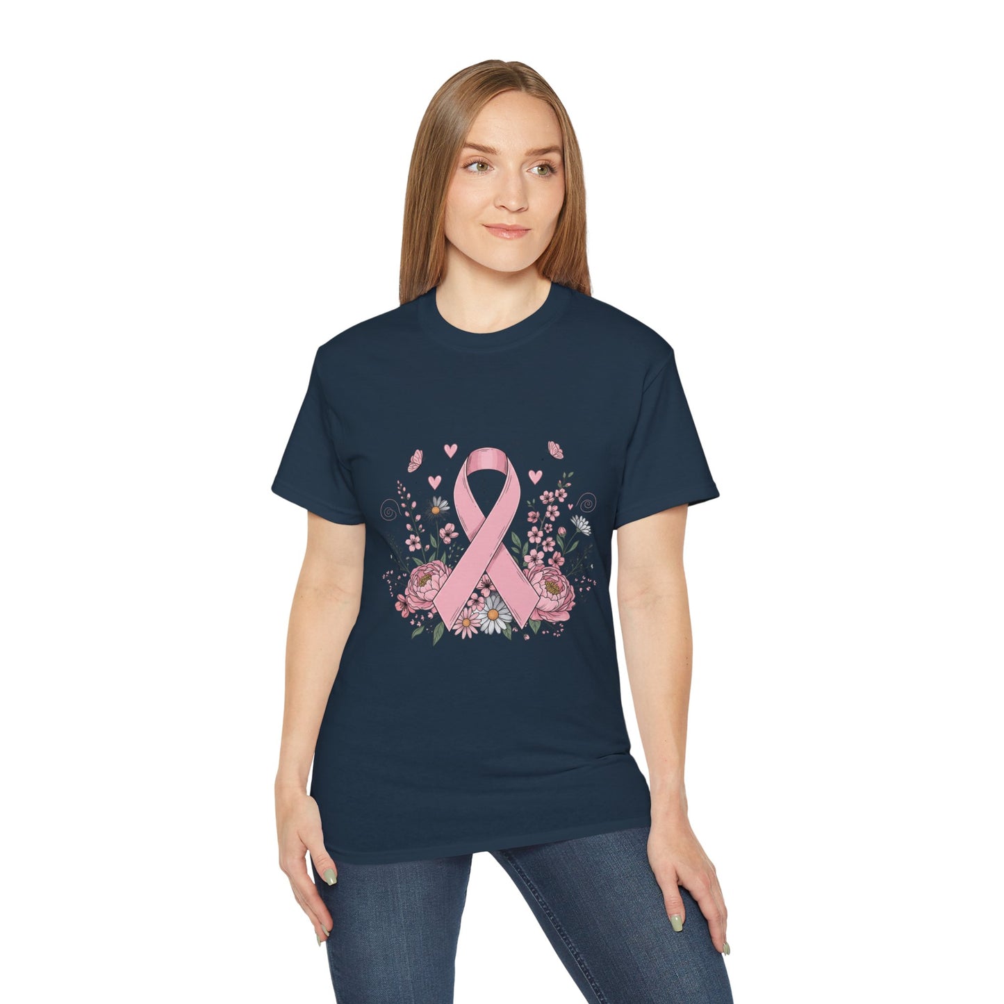 Breast Cancer Awareness Tee, Support Shirt, Floral Ribbon Design, Gift for Her, Unisex T-Shirt