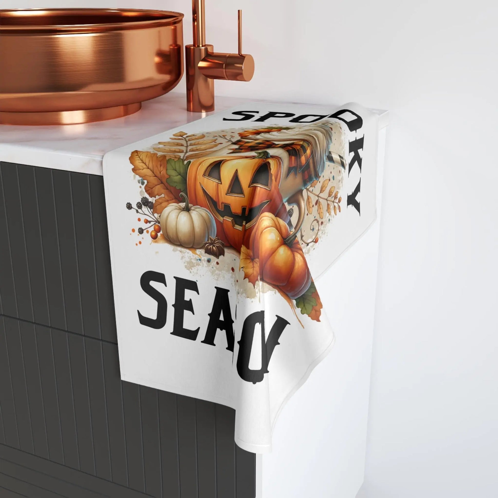 Halloween Hand Towel: Spooky Pumpkin Kitchen Decor, Fall Accessory Rainbow Chaos Art Studio