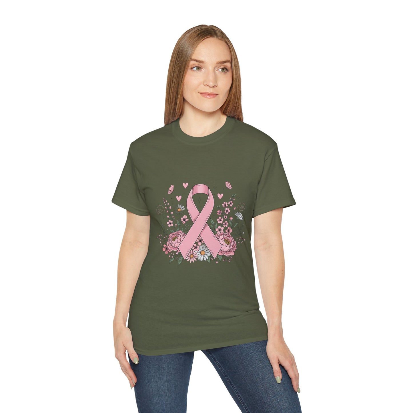 Breast Cancer Awareness Tee, Support Shirt, Floral Ribbon Design, Gift for Her, Unisex T-Shirt