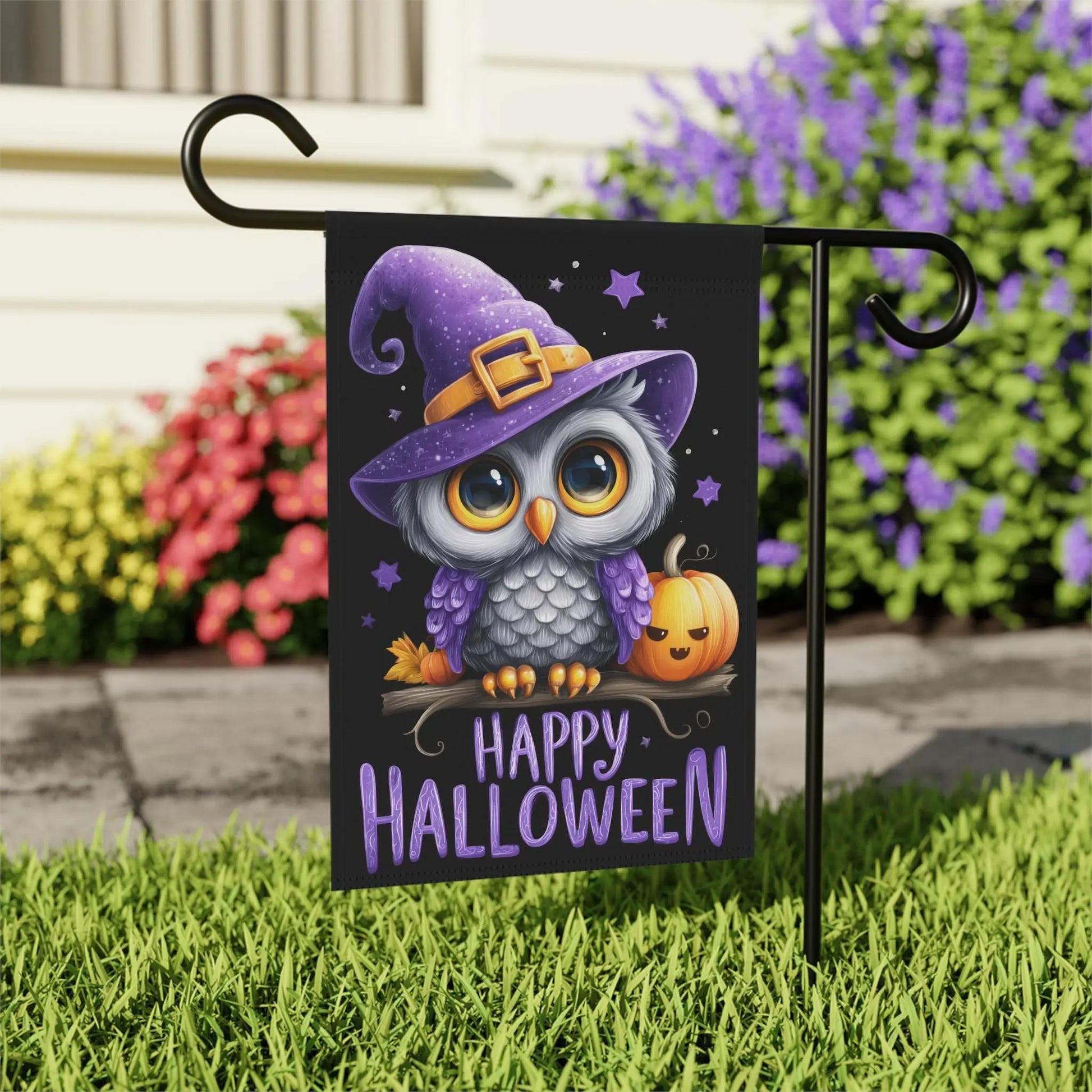 Halloween Garden Banner, Cute Owl with Pumpkin Decoration, Seasonal Home Decor for Fall, Outdoor Halloween Flag, Festive Yard Sign Rainbow Chaos Art Studio
