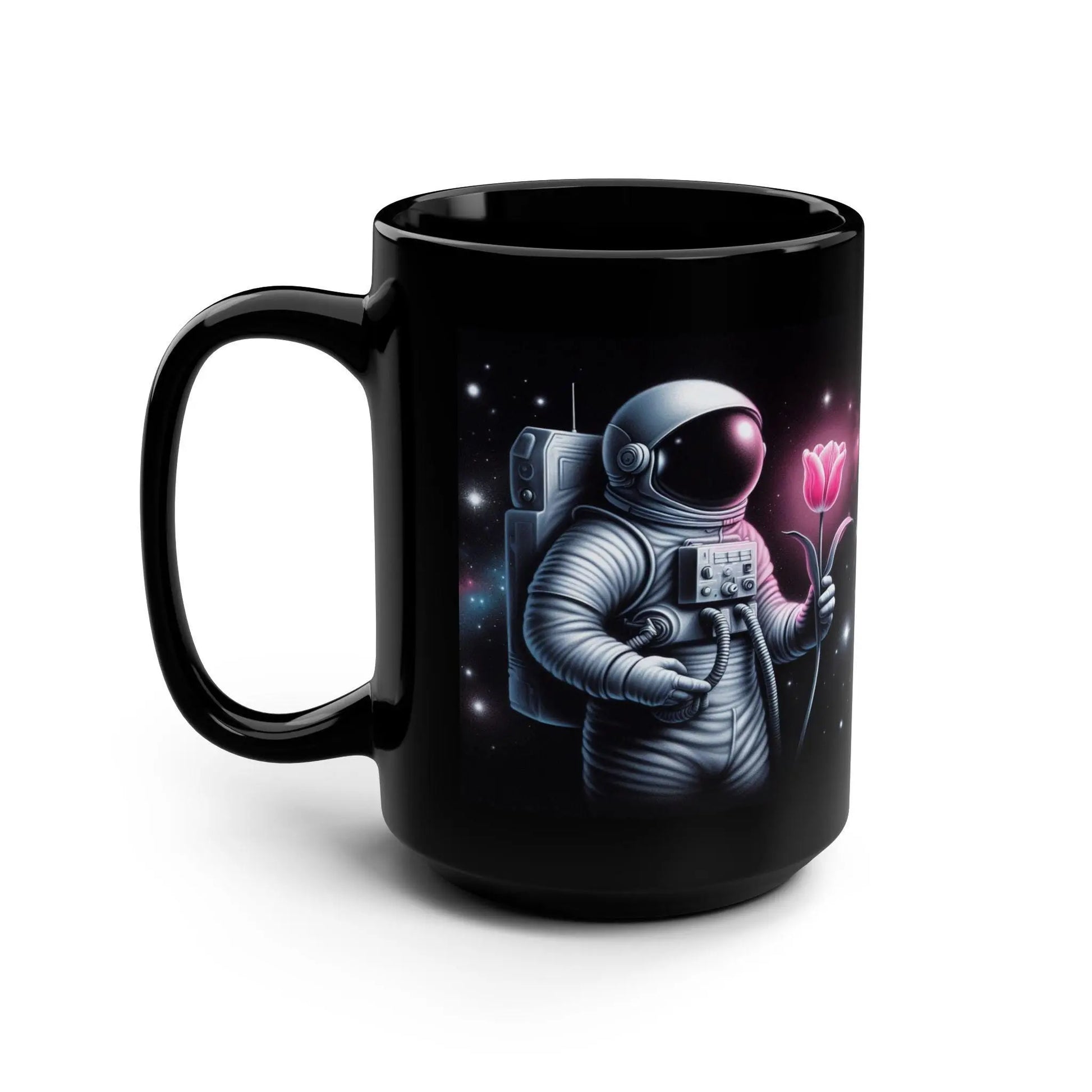 Astronaut Rose Black Mug: Space Coffee Cup, Cosmic Decor Rainbow Chaos Art Studio