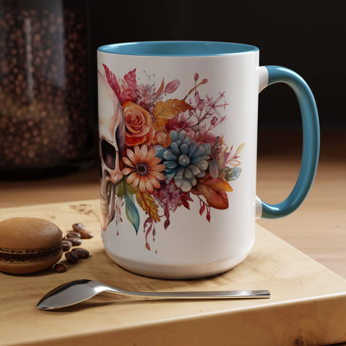 Pretty Floral Skull Coffee Mug, Gothic Coffee Cup, Unique Art Mug, Halloween Gift, Day of the Dead Decor Rainbow Chaos Art Studio