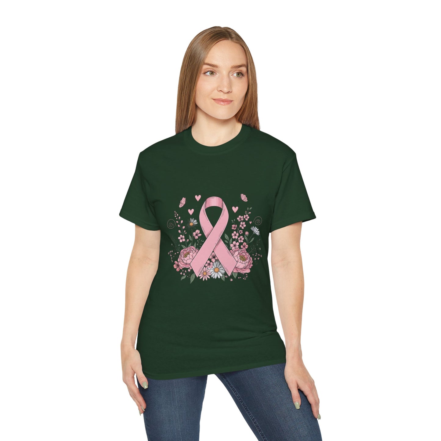 Breast Cancer Awareness Tee, Support Shirt, Floral Ribbon Design, Gift for Her, Unisex T-Shirt
