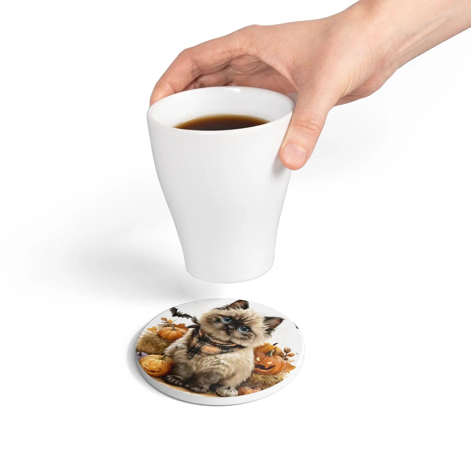 Halloween Cat Ceramic Coaster: Spooky Fall Decor, Pet Lover Gift Rainbow Chaos Art Studio