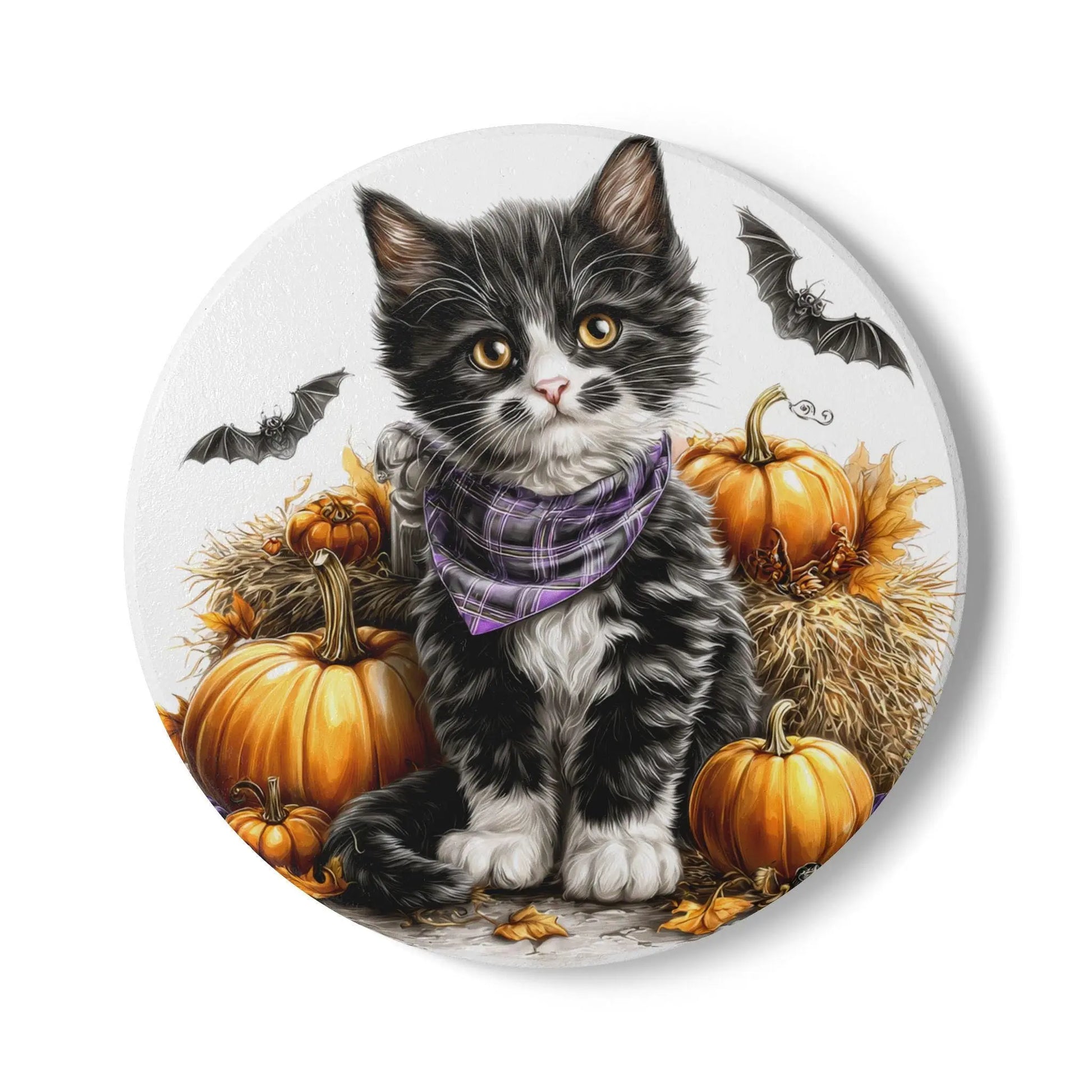 Tuxedo Cat Halloween Coaster: Ceramic Fall Decor Rainbow Chaos Art Studio