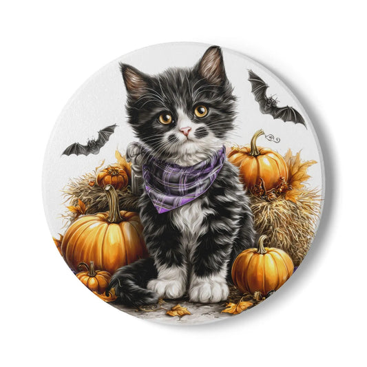 Tuxedo Cat Halloween Coaster: Ceramic Fall Decor Rainbow Chaos Art Studio