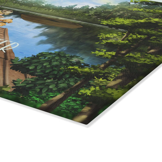 Lake Scene Glass Cutting Board: Kitchen & Lake House Decor Rainbow Chaos Art Studio