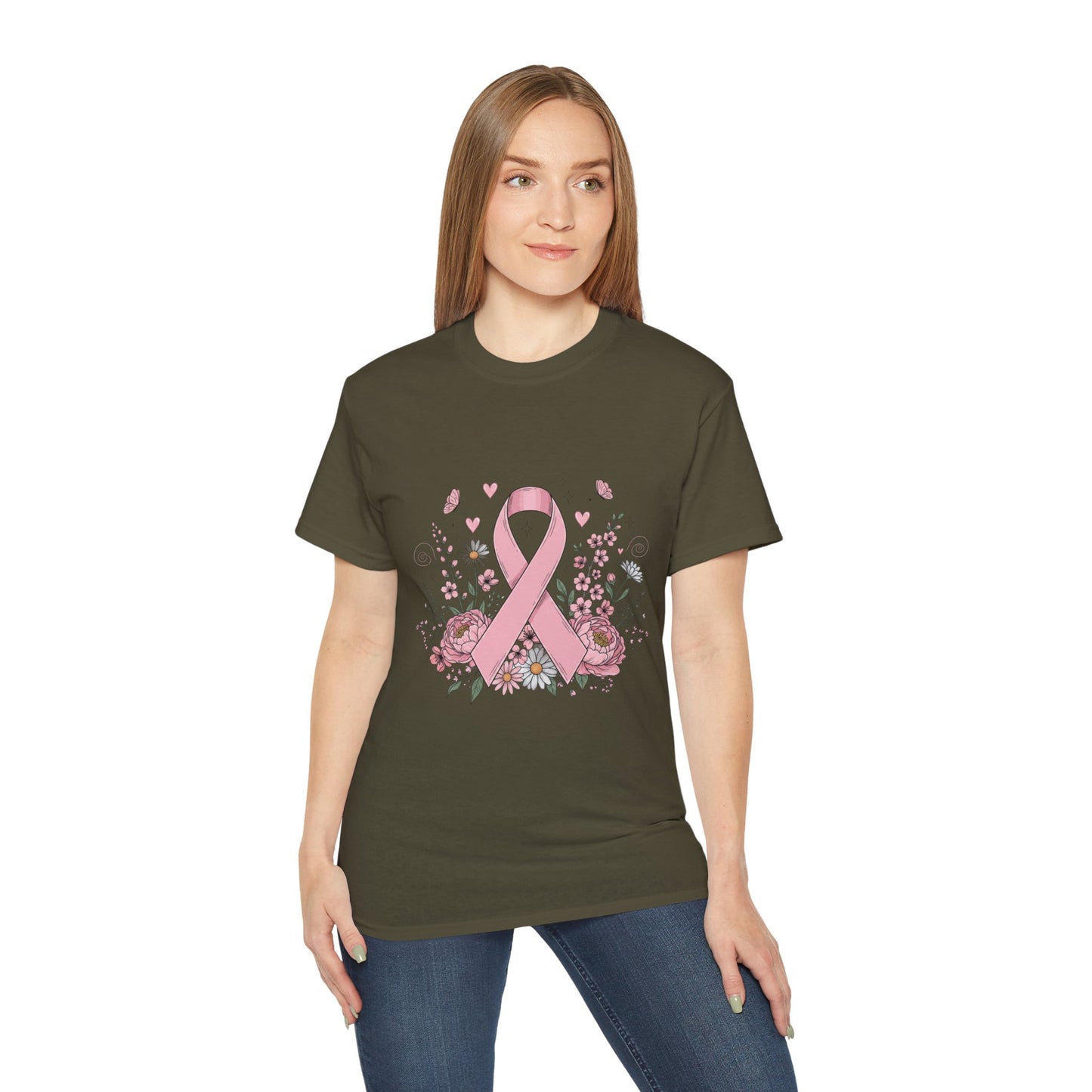 Breast Cancer Awareness Tee, Support Shirt, Floral Ribbon Design, Gift for Her, Unisex T-Shirt