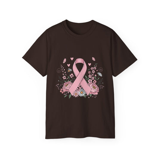 Breast Cancer Awareness Tee, Support Shirt, Floral Ribbon Design, Gift for Her, Unisex T-Shirt