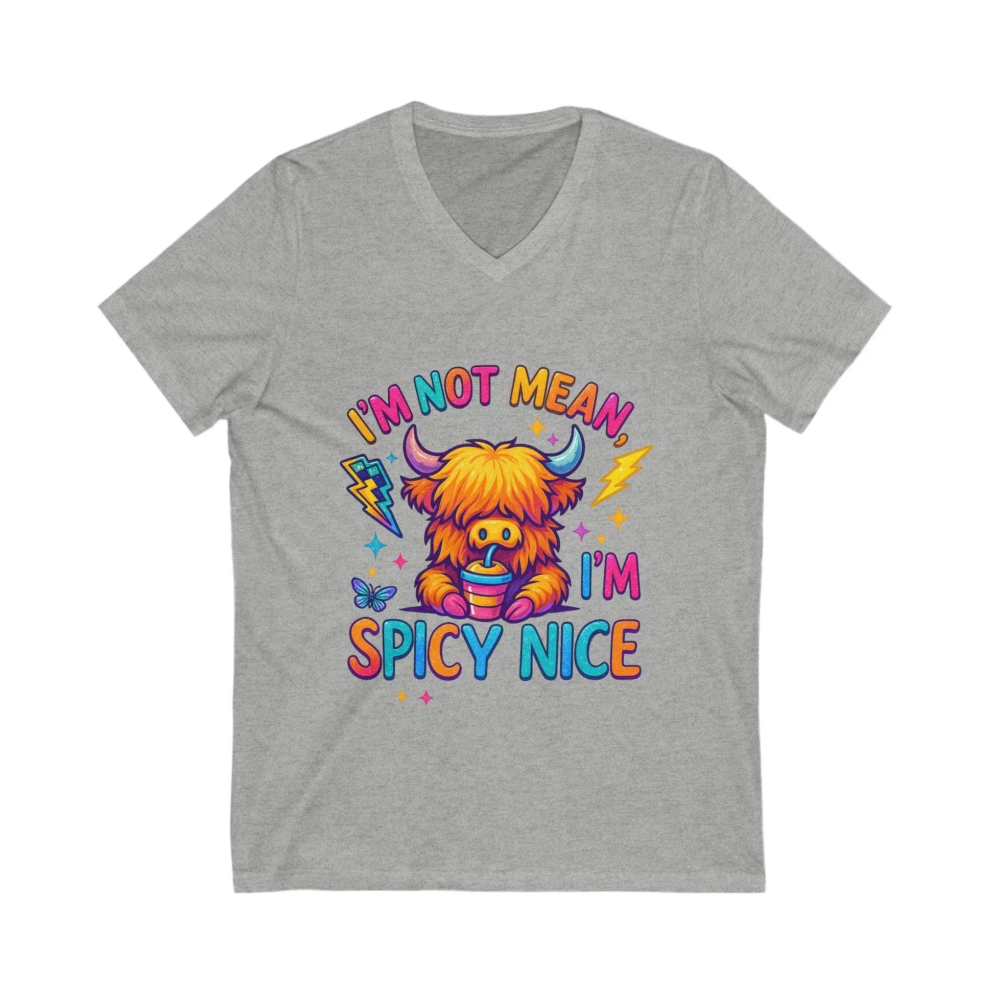 Spicy Nice Graphic V-Neck Tee: Fun Unisex T-Shirt Rainbow Chaos Art Studio