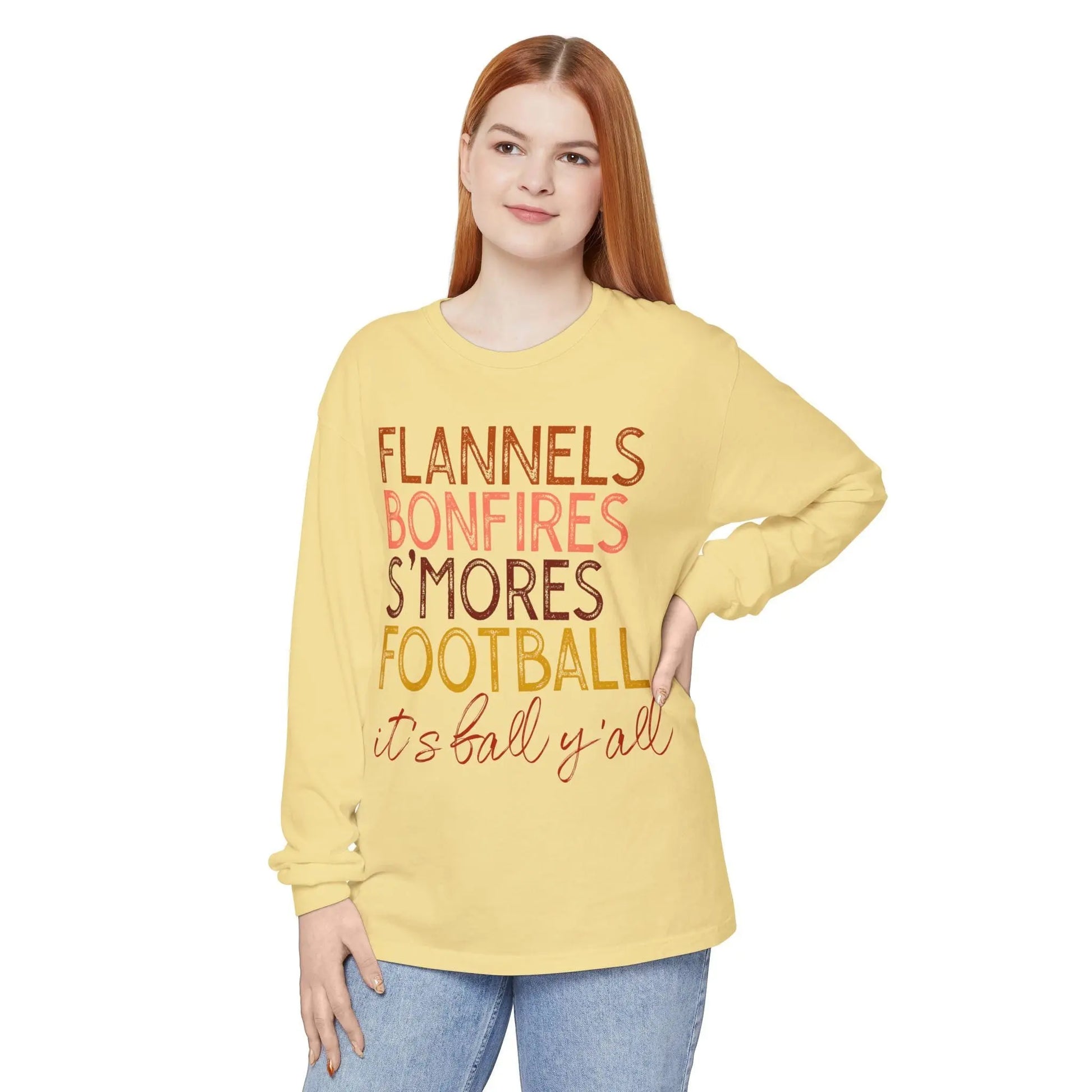 Flannels Bonfires S'mores Football Tee: Cozy Garment-Dyed Long Sleeve T-Shirt Rainbow Chaos Art Studio