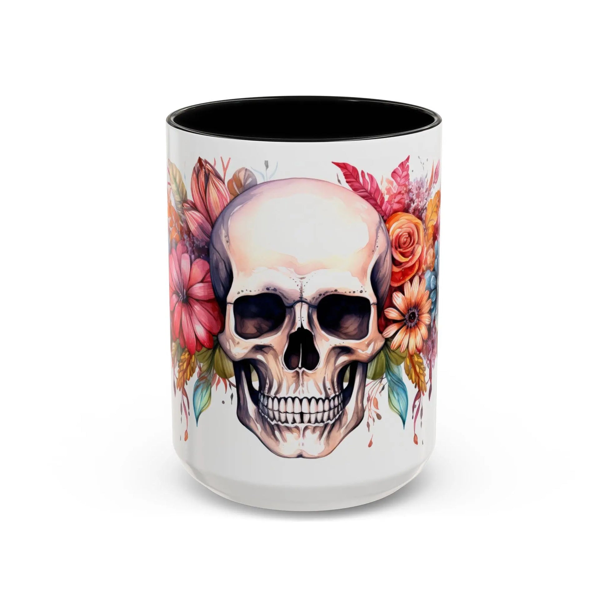 Pretty Floral Skull Coffee Mug, Gothic Coffee Cup, Unique Art Mug, Halloween Gift, Day of the Dead Decor Rainbow Chaos Art Studio