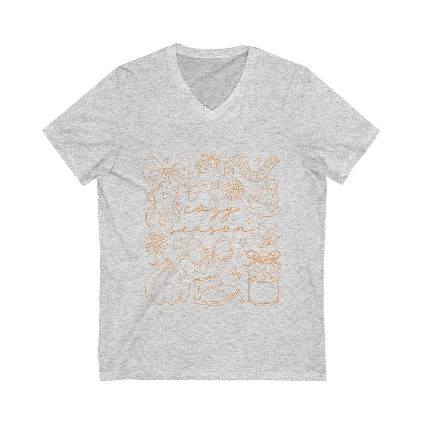 Cozy Season V-Neck Tee: Unisex Fall & Holiday Celebrations Rainbow Chaos Art Studio