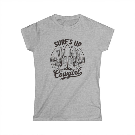 Surf's Up Cowgirl Tee: Relaxed Fit Women's Ringspun Cotton T-Shirt Rainbow Chaos Art Studio