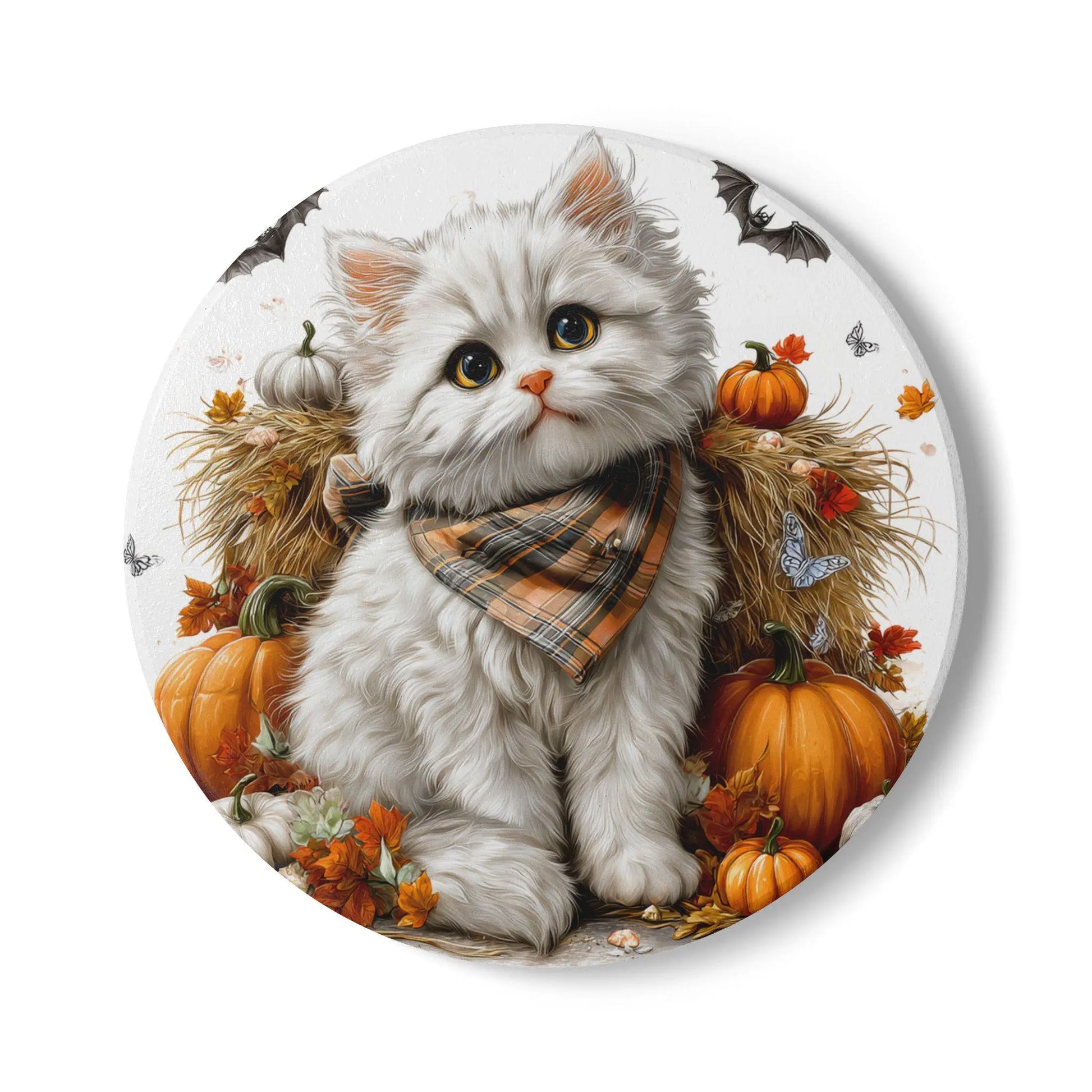 Autumn Kitten Ceramic Coaster: White Cat Fall Decor Rainbow Chaos Art Studio
