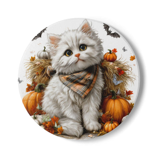 Autumn Kitten Ceramic Coaster: White Cat Fall Decor Rainbow Chaos Art Studio