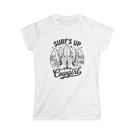 Surf's Up Cowgirl Tee: Relaxed Fit Women's Ringspun Cotton T-Shirt Rainbow Chaos Art Studio