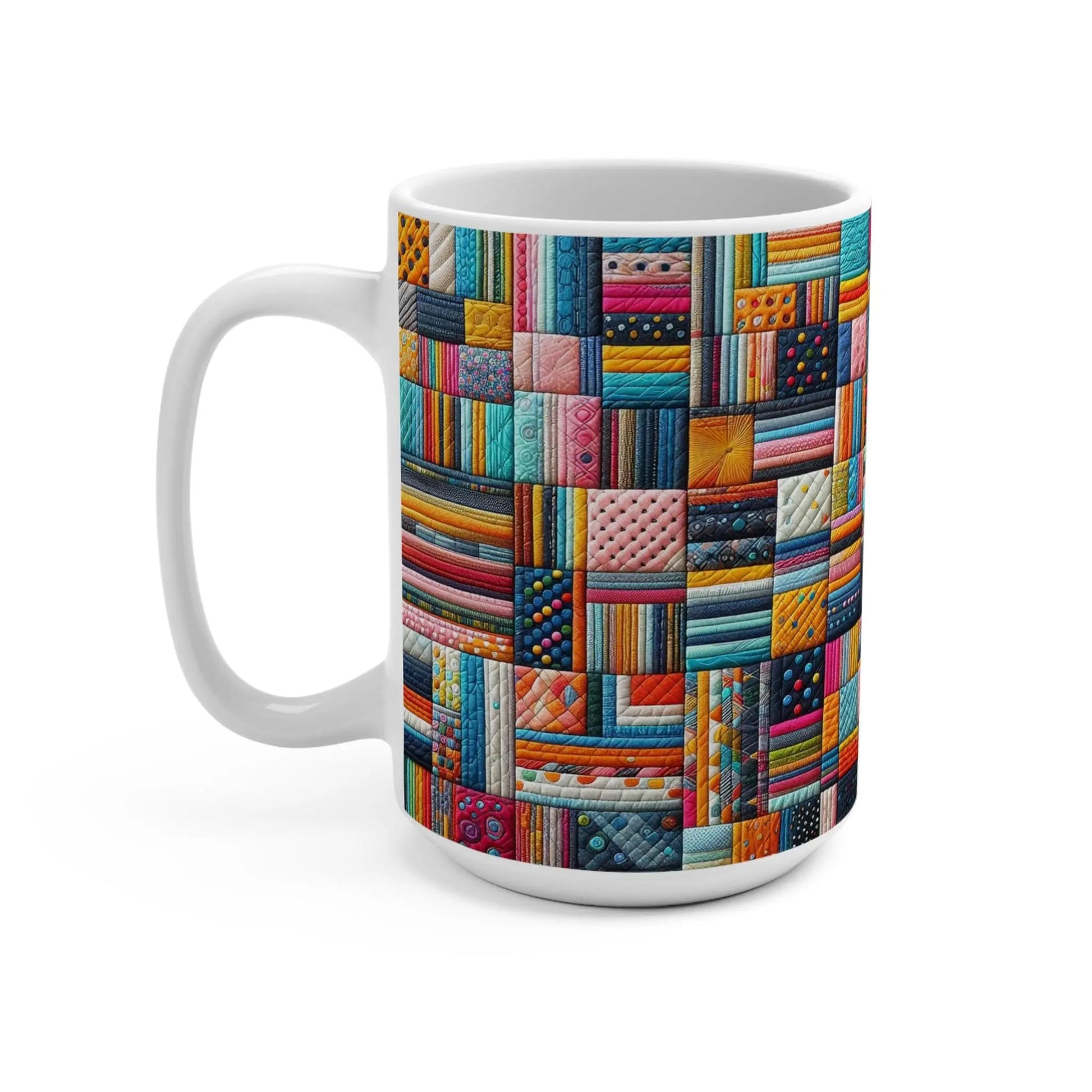 Colorful Patchwork Ceramic Mug: Fun Coffee Cup, Craft Lover Gift Rainbow Chaos Art Studio
