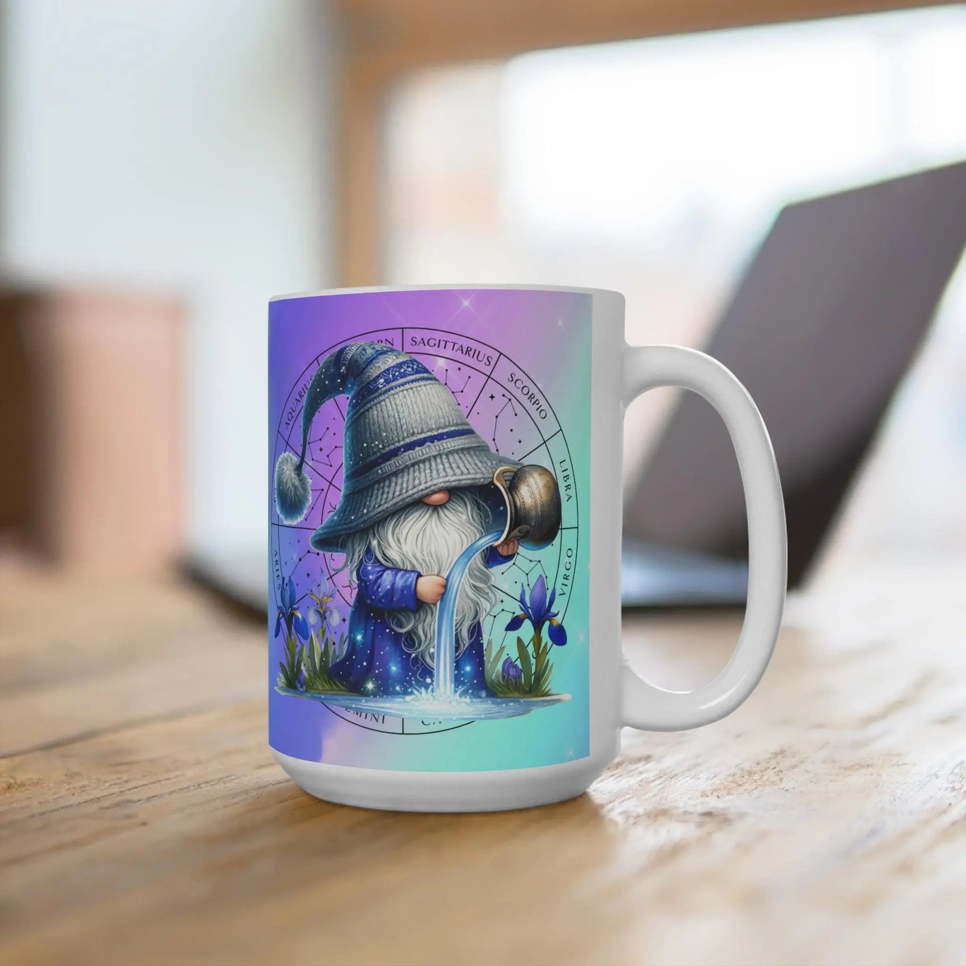 AQUARIUS - Zodiac Gnome Mug, Aquarius Coffee Cup, Birthday Gift, Cute Ceramic Drinkware, Astrology Tea Mug, Large 15oz Cup Rainbow Chaos Art Studio