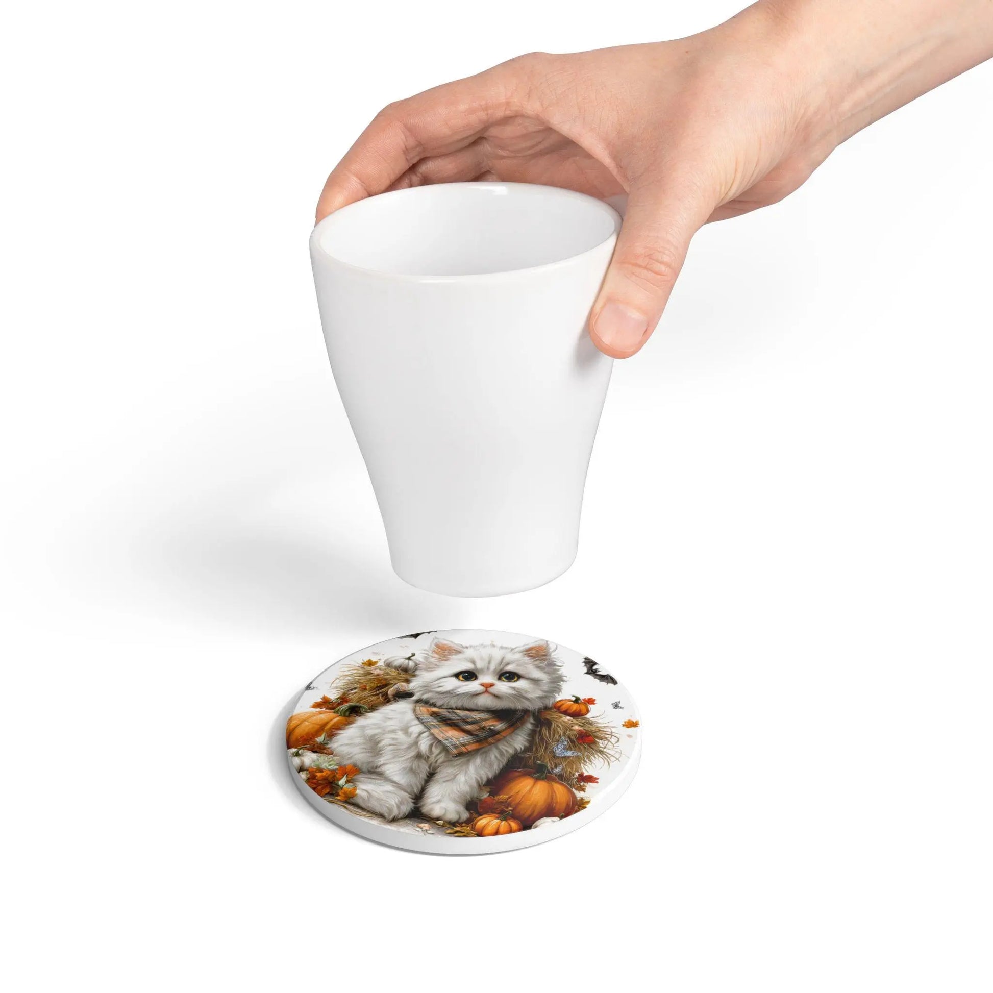 Autumn Kitten Ceramic Coaster: White Cat Fall Decor Rainbow Chaos Art Studio