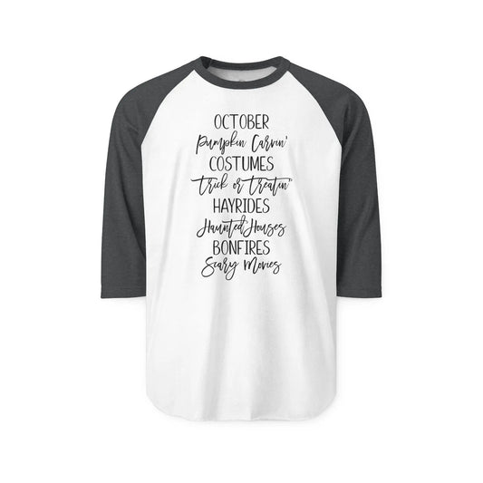 October Celebration Raglan Shirt, Unisex Fall Tee, Halloween Shirt, Cozy Autumn Apparel, Perfect for Hayrides & Bonfires Rainbow Chaos Art Studio
