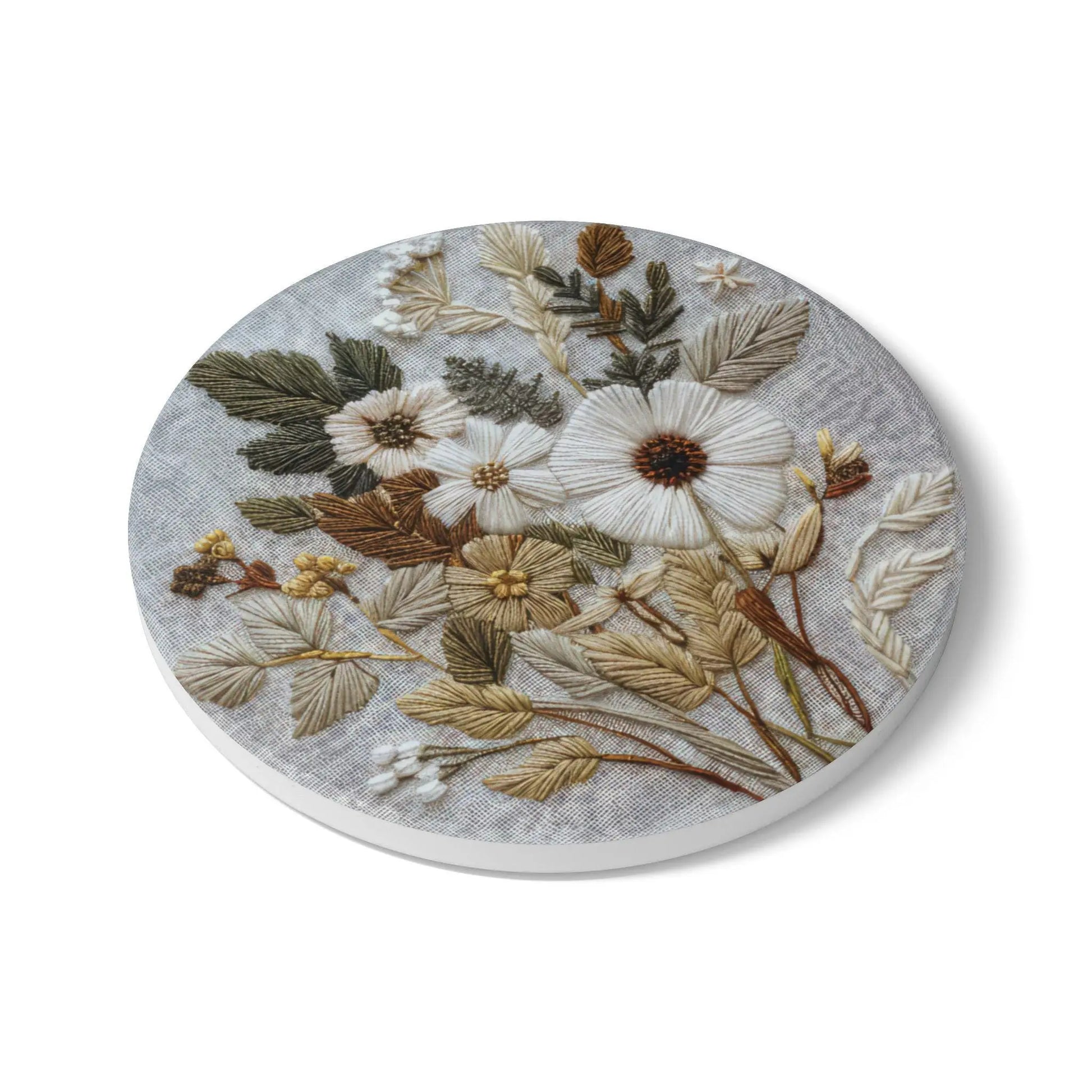 Floral Embroidered Ceramic Coaster: Boho Kitchen Decor Rainbow Chaos Art Studio