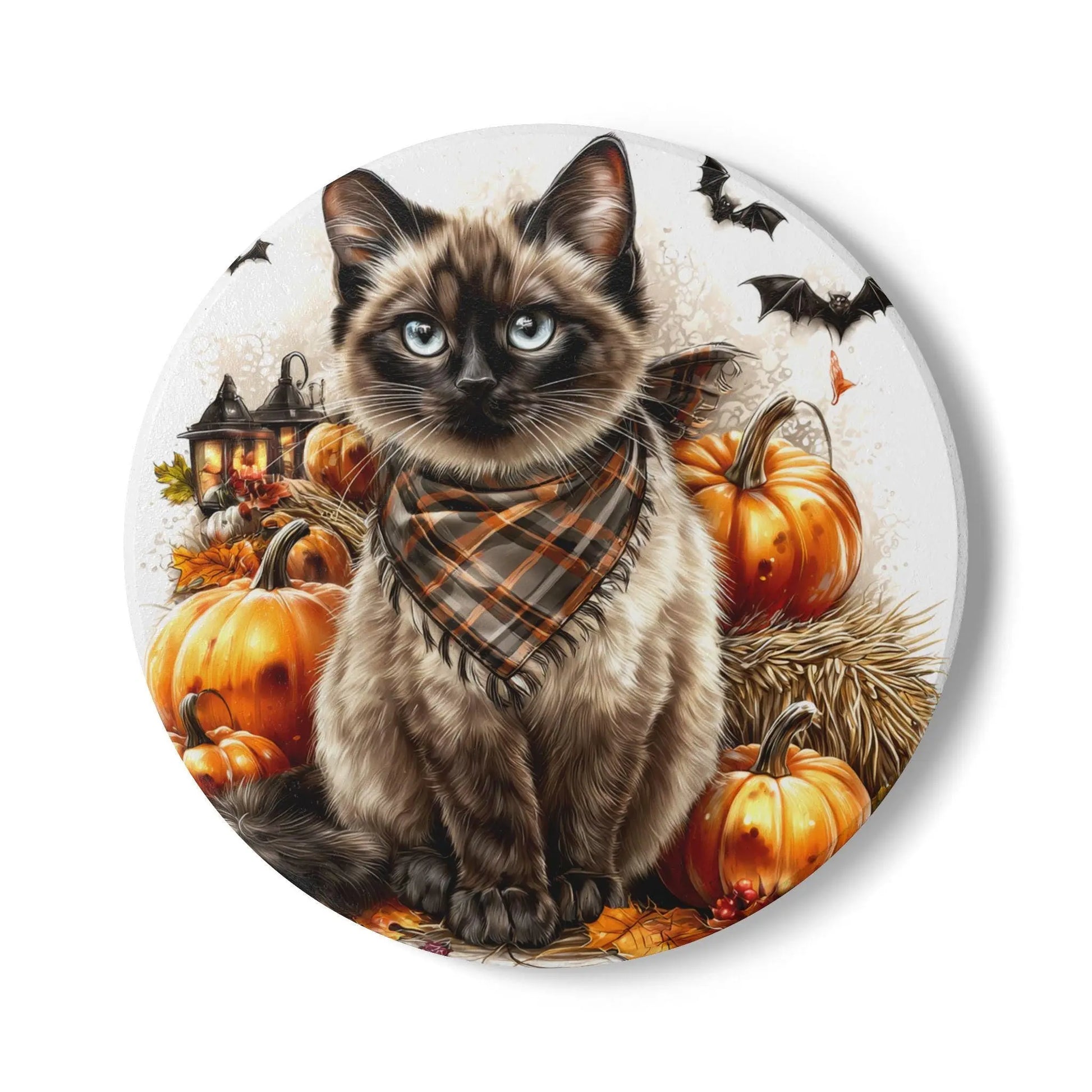 Siamese Cat Ceramic Coaster: Autumn Pumpkin Decor, Fall Vibes Rainbow Chaos Art Studio