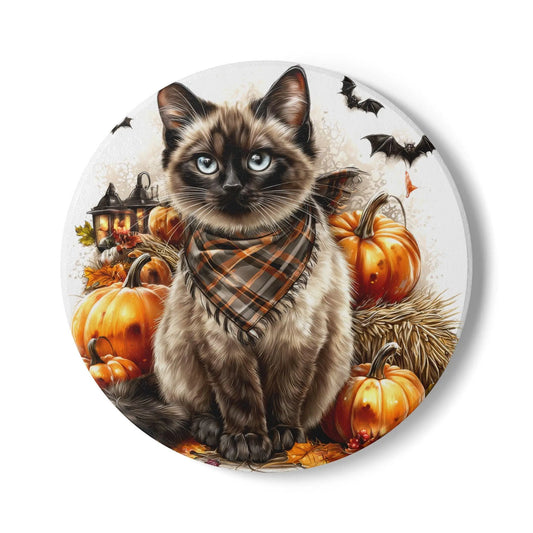 Siamese Cat Ceramic Coaster: Autumn Pumpkin Decor, Fall Vibes Rainbow Chaos Art Studio
