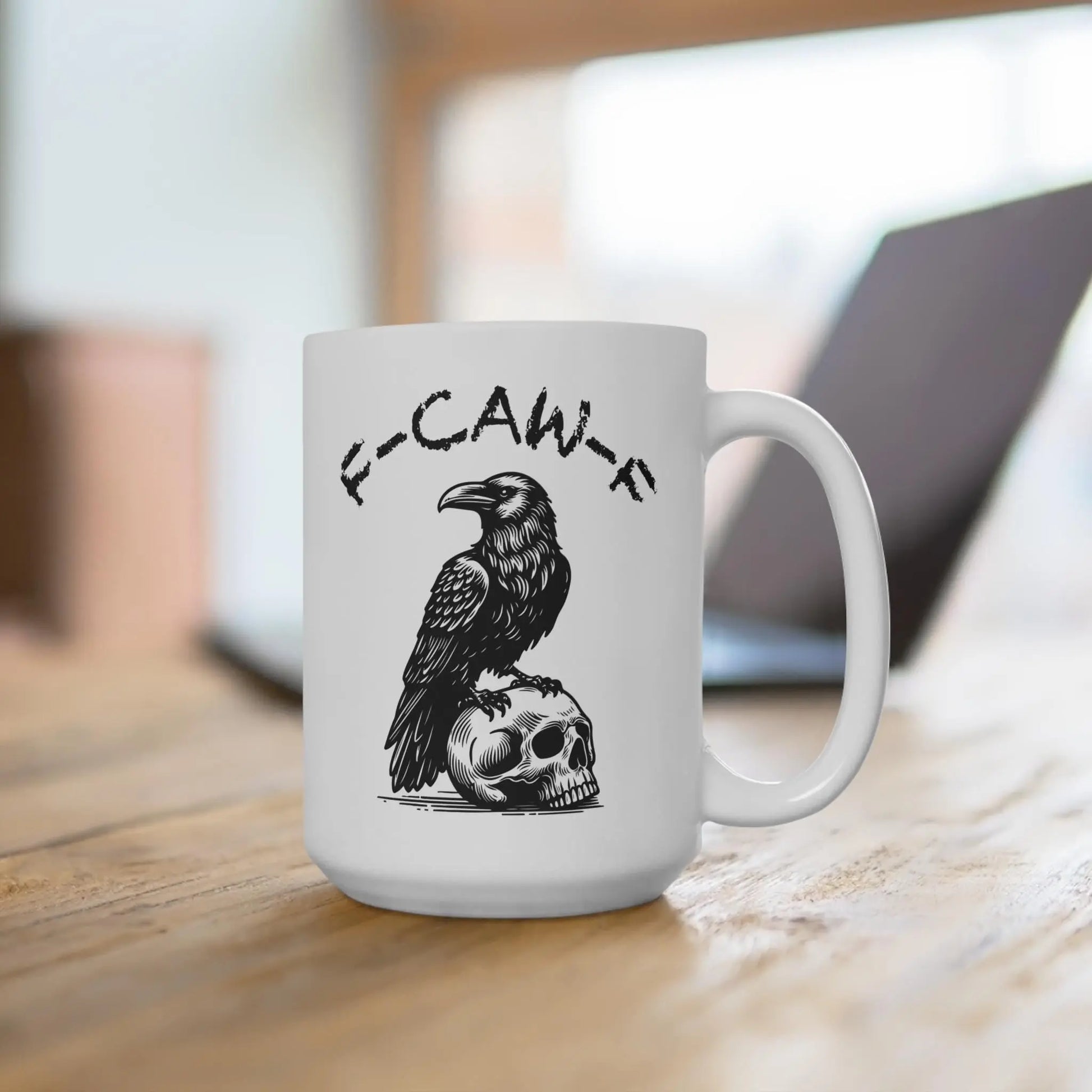 Gothic Raven Skull Coffee Mug: Spooky Halloween Decor, Bird Lover Gift Rainbow Chaos Art Studio