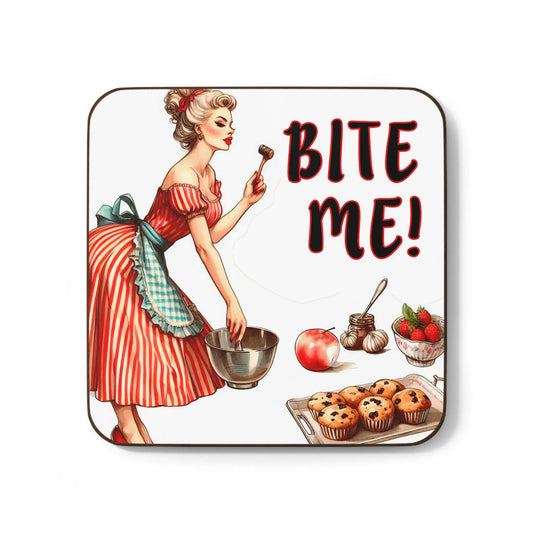 Vintage Kitchen Coaster - "Bite Me!" Retro Decor for Home, Gift for Bakers, Fun Kitchenware, Housewarming Essentials, Barware Rainbow Chaos Art Studio