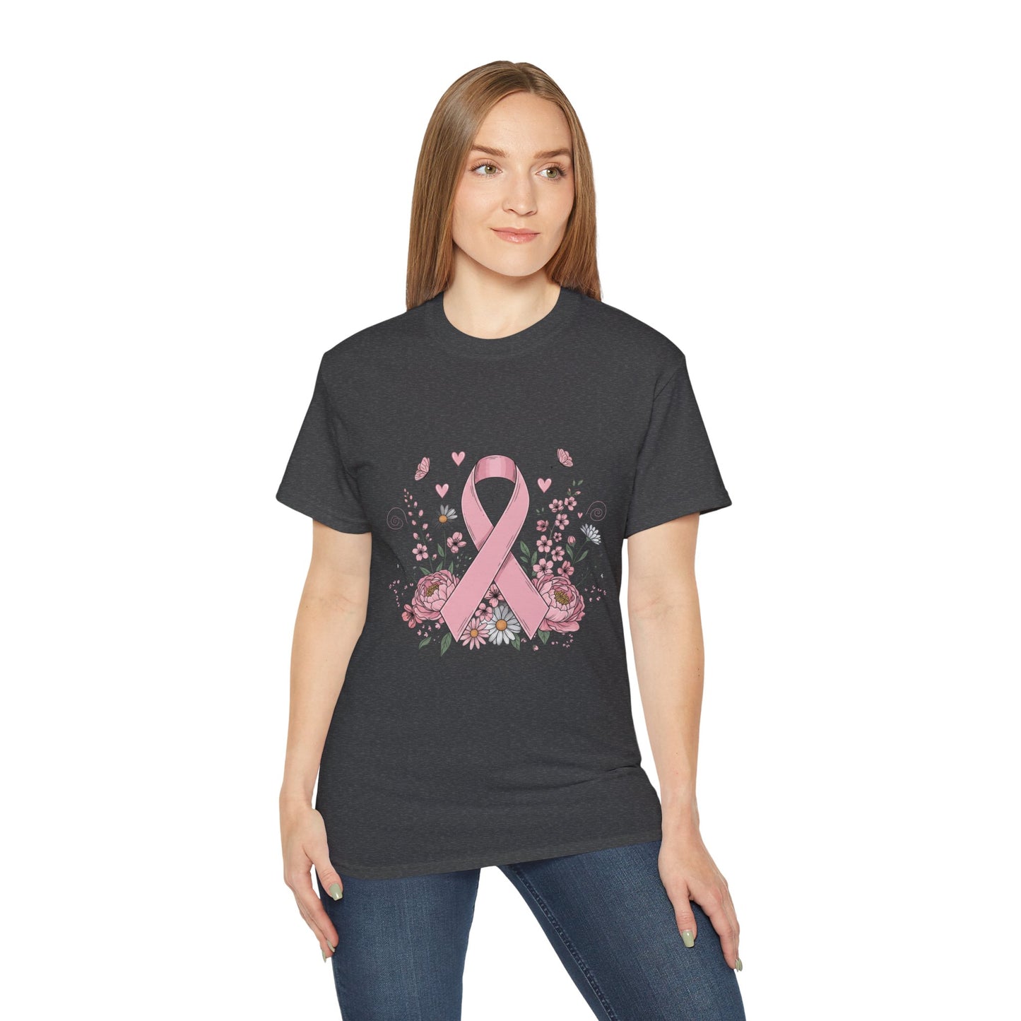 Breast Cancer Awareness Tee, Support Shirt, Floral Ribbon Design, Gift for Her, Unisex T-Shirt