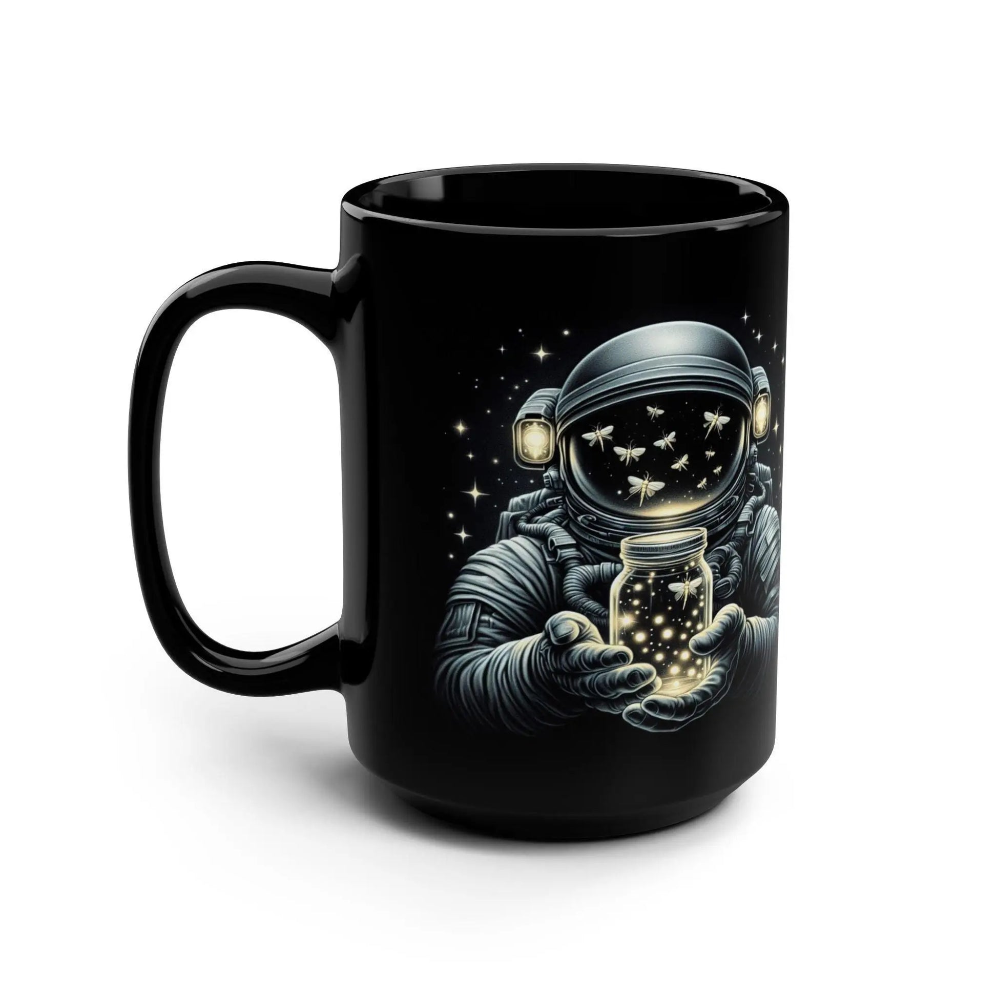 Astronaut Dream Black Coffee Mug: Cosmic Space Lover Gift Rainbow Chaos Art Studio