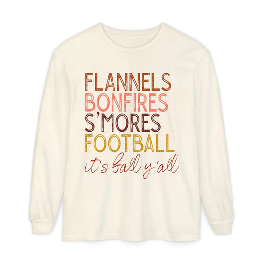 Flannels Bonfires S'mores Football Tee: Cozy Garment-Dyed Long Sleeve T-Shirt Rainbow Chaos Art Studio