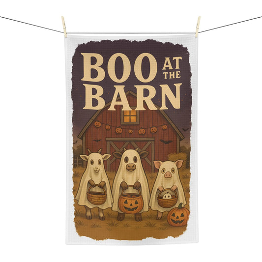 Halloween Farmhouse Tea Towel: Boo at the Barn Kitchen Decor Rainbow Chaos Art Studio