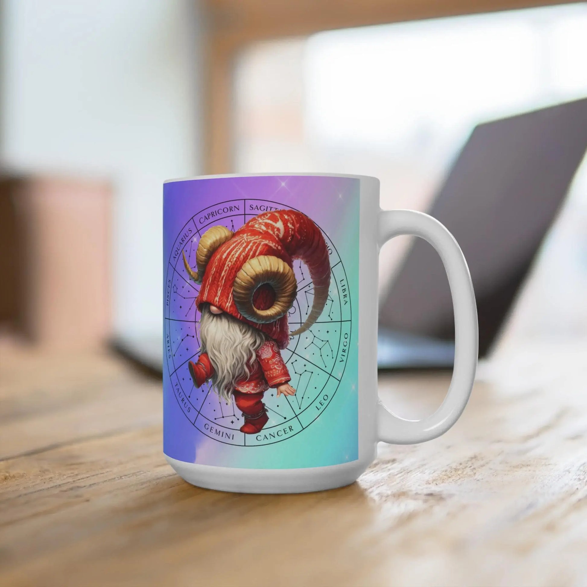 Aries Zodiac Mug: Mystical Astrology Coffee Cup, 15oz Ceramic Drinkware Rainbow Chaos Art Studio