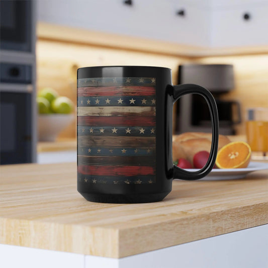 Patriotic Black Coffee Mug: Americana Decor, July 4th Gift Rainbow Chaos Art Studio